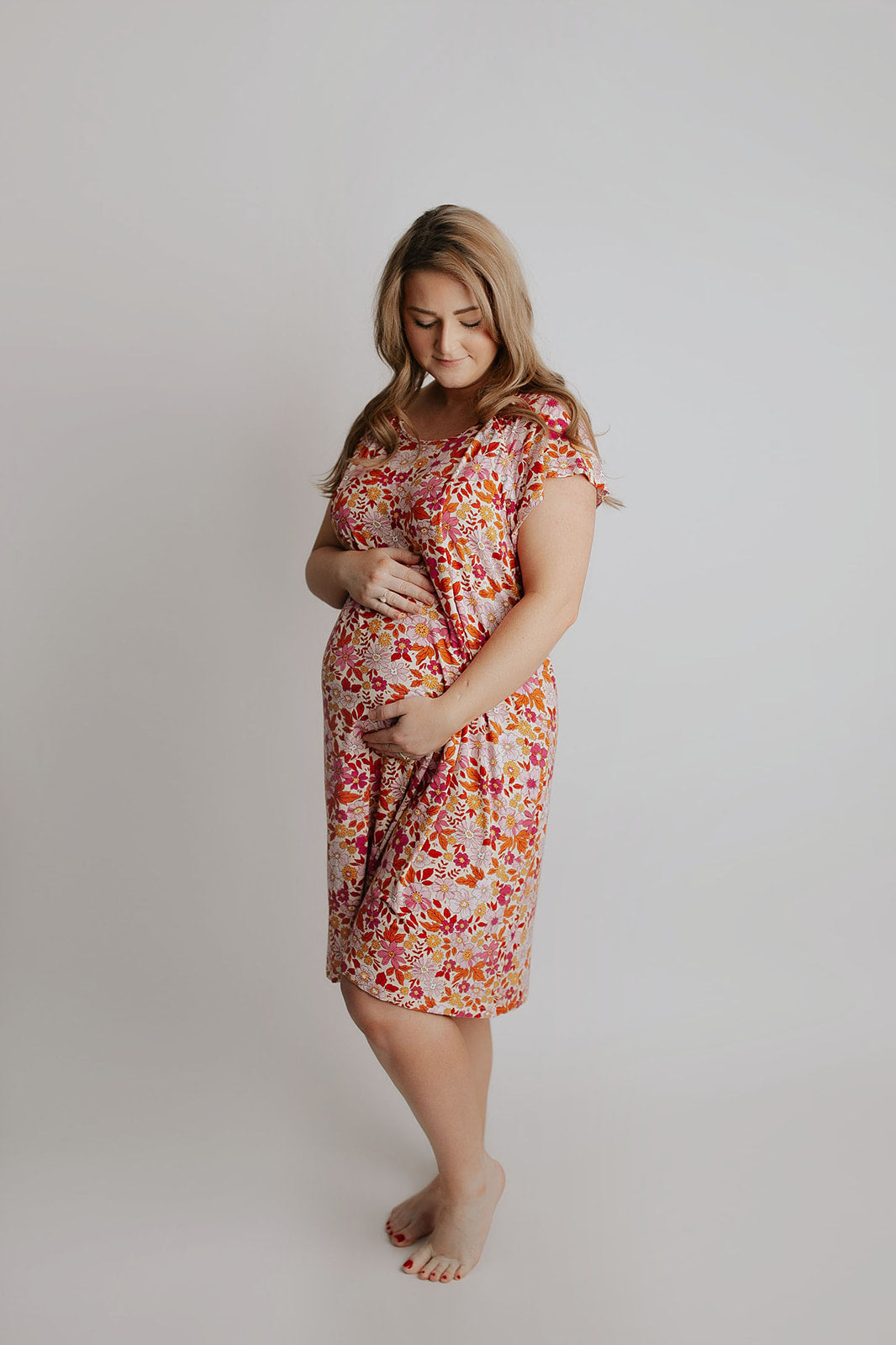 Ultra-soft, stretchy maternity gown with full backside coverage, perfect for pre and post-baby comfort.