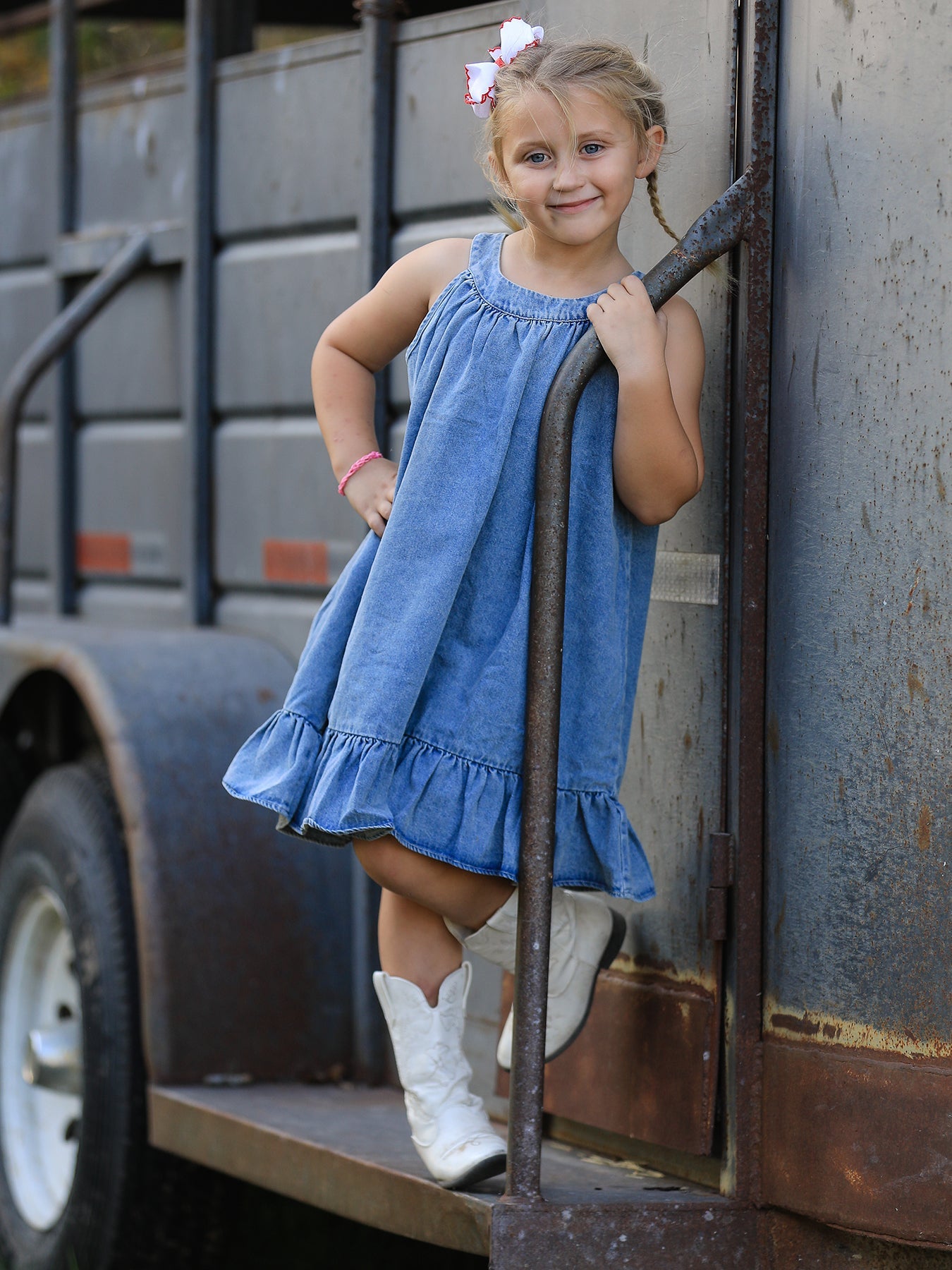 Three Little Tots Girls Denim Ruffle Trim A-Line Dress, alternate angle