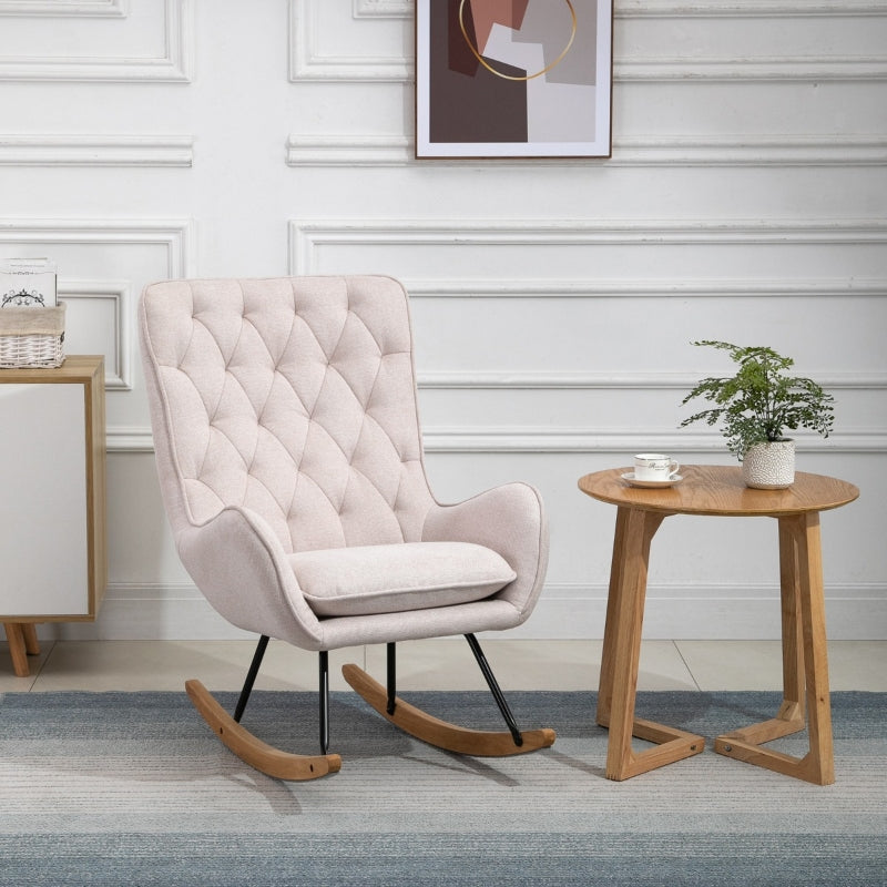 HOMCOM Mid-Century Fabric Nursery Rocker in Cream White
