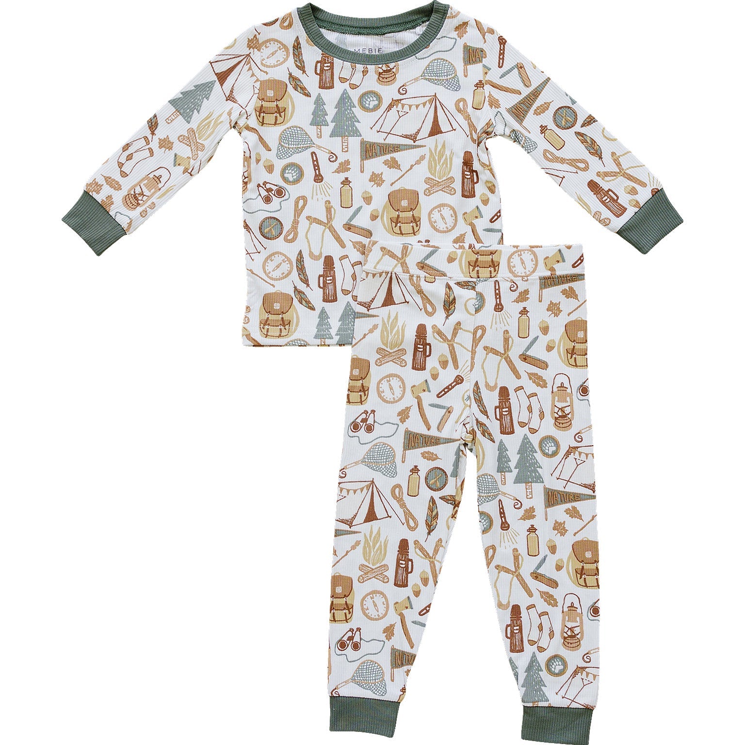 Children's pajama set with camping theme on a white background
