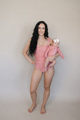 Gingham Long Sleeve Ruffle Zipper One-Piece