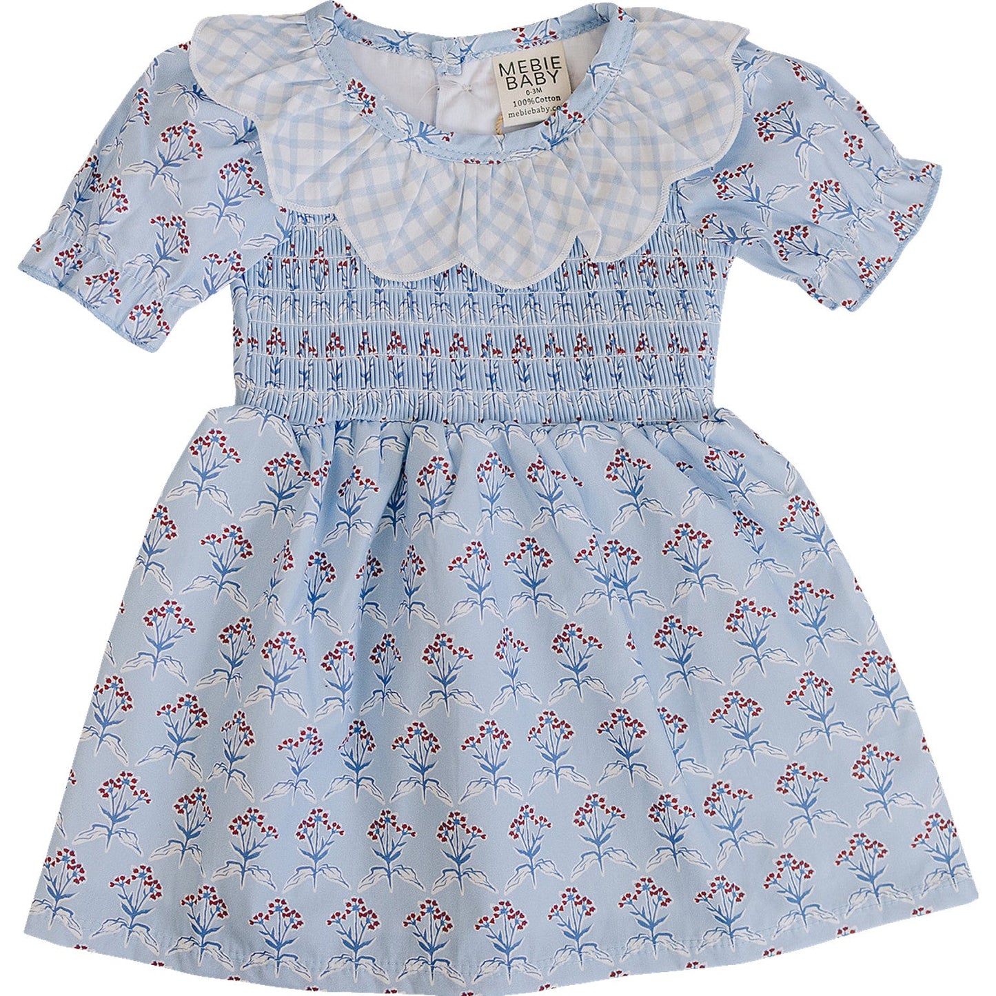 Children's dress with floral pattern and ruffled collar on a white background
