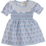 Children's dress with floral pattern and ruffled collar on a white background