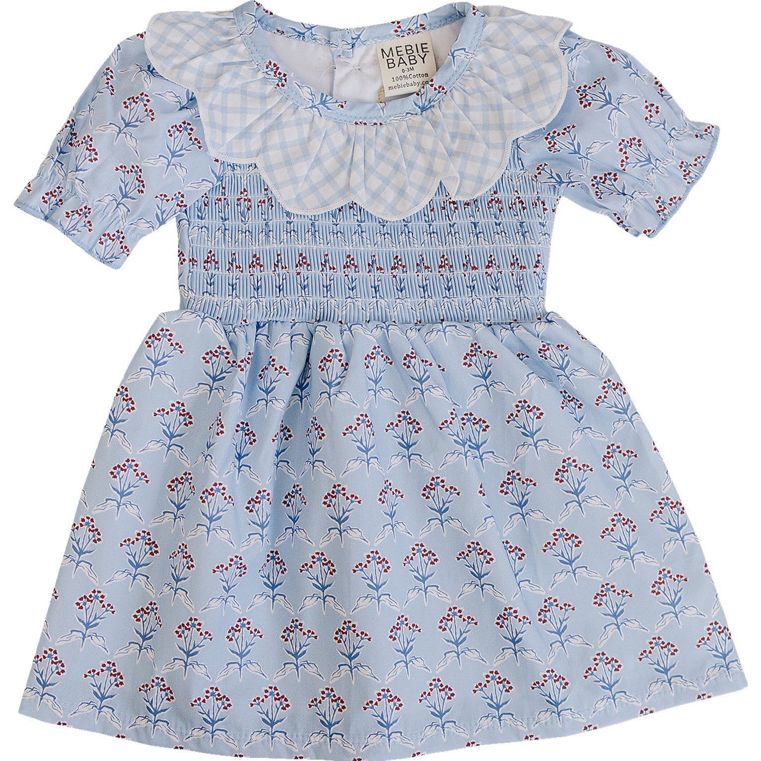 Children's dress with floral pattern and ruffled collar on a white background