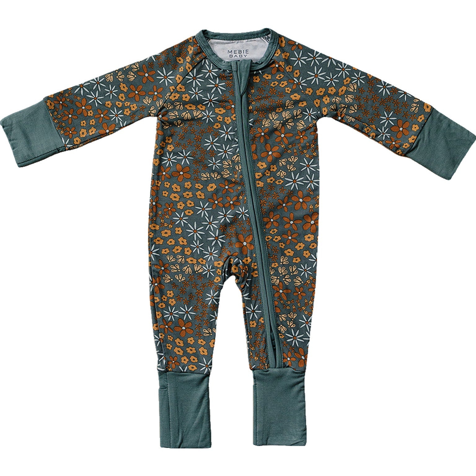 Baby onesie with floral pattern and green accents on a white background