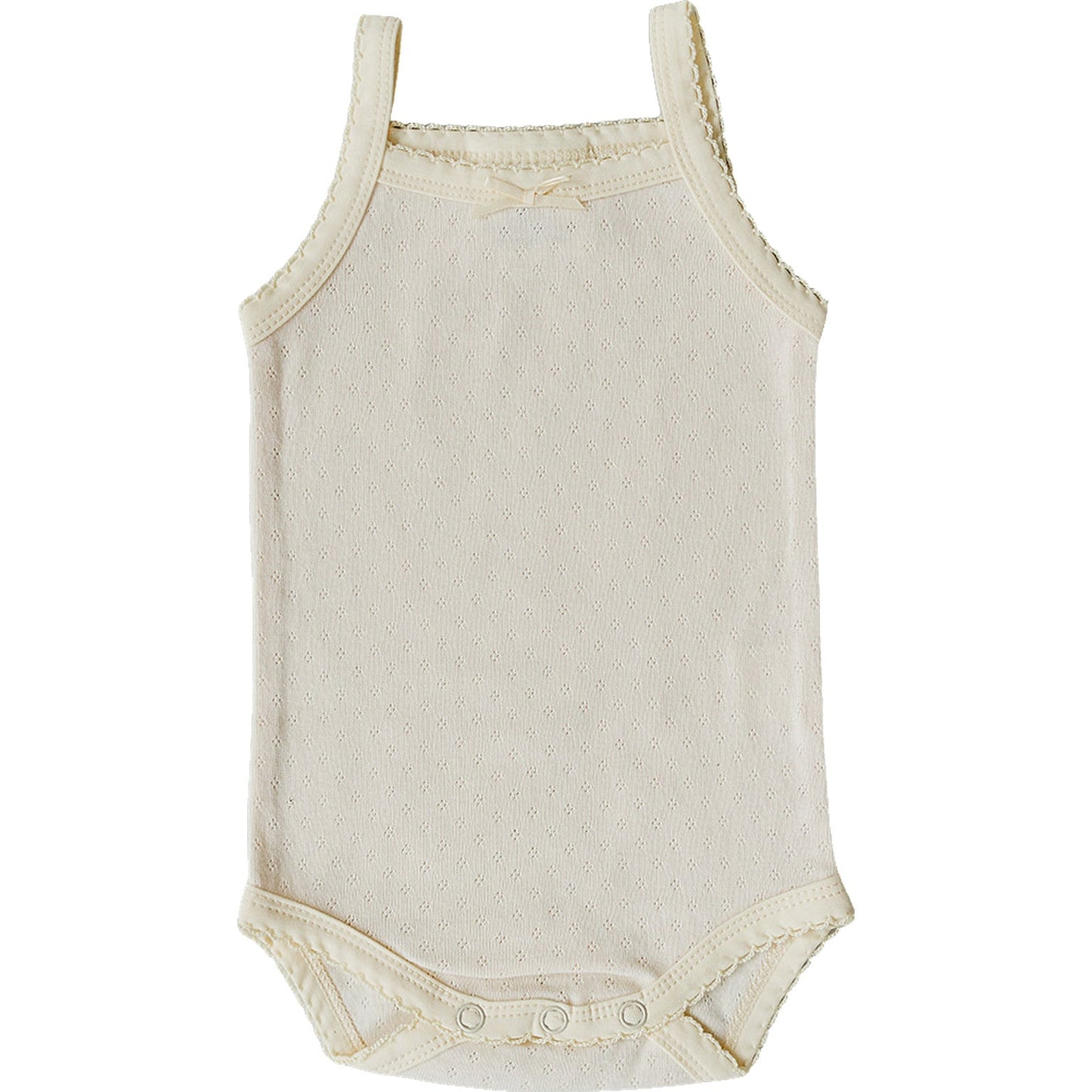 Beige baby bodysuit with lace trim on straps against a white background