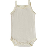 Beige baby bodysuit with lace trim on straps against a white background