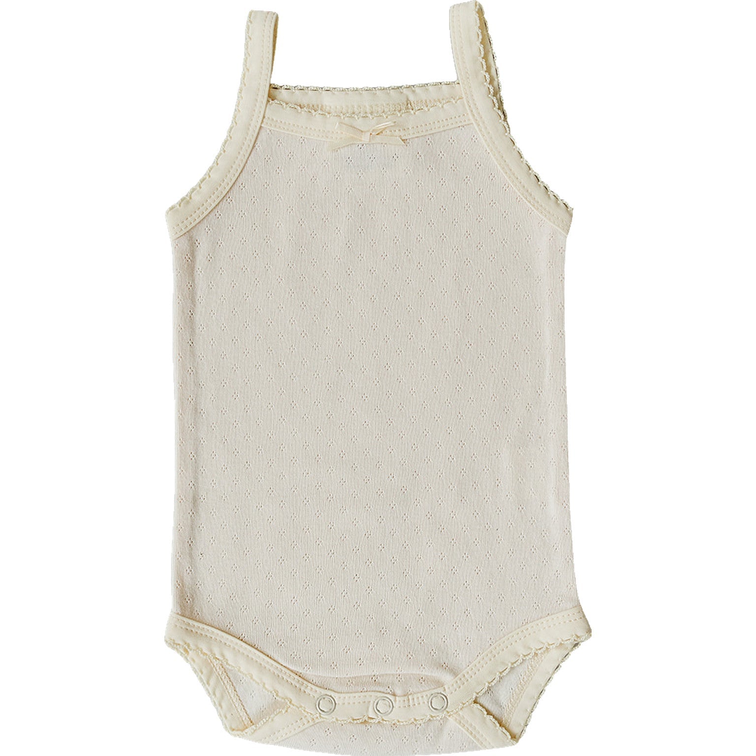 Beige baby bodysuit with lace trim on straps against a white background
