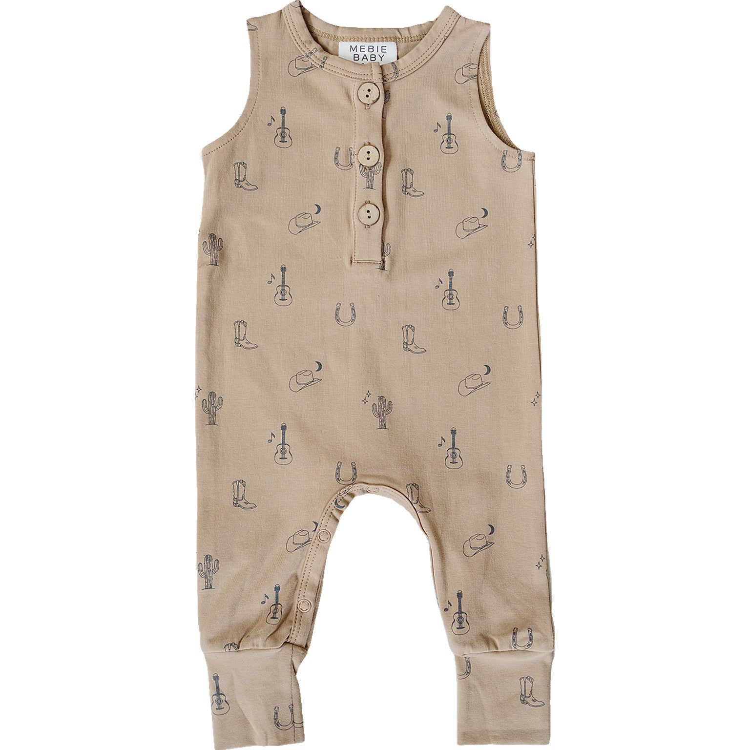 Beige baby romper with printed designs on a white background