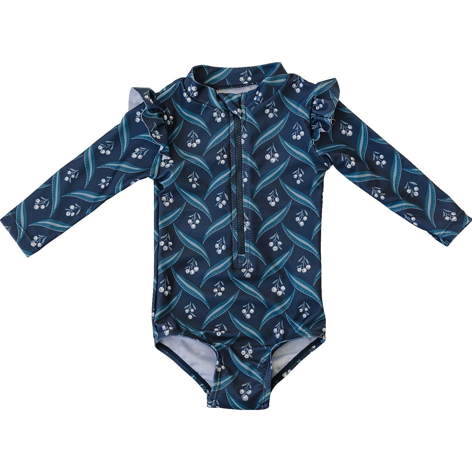 Navy blue swimsuit with white floral pattern on a white background