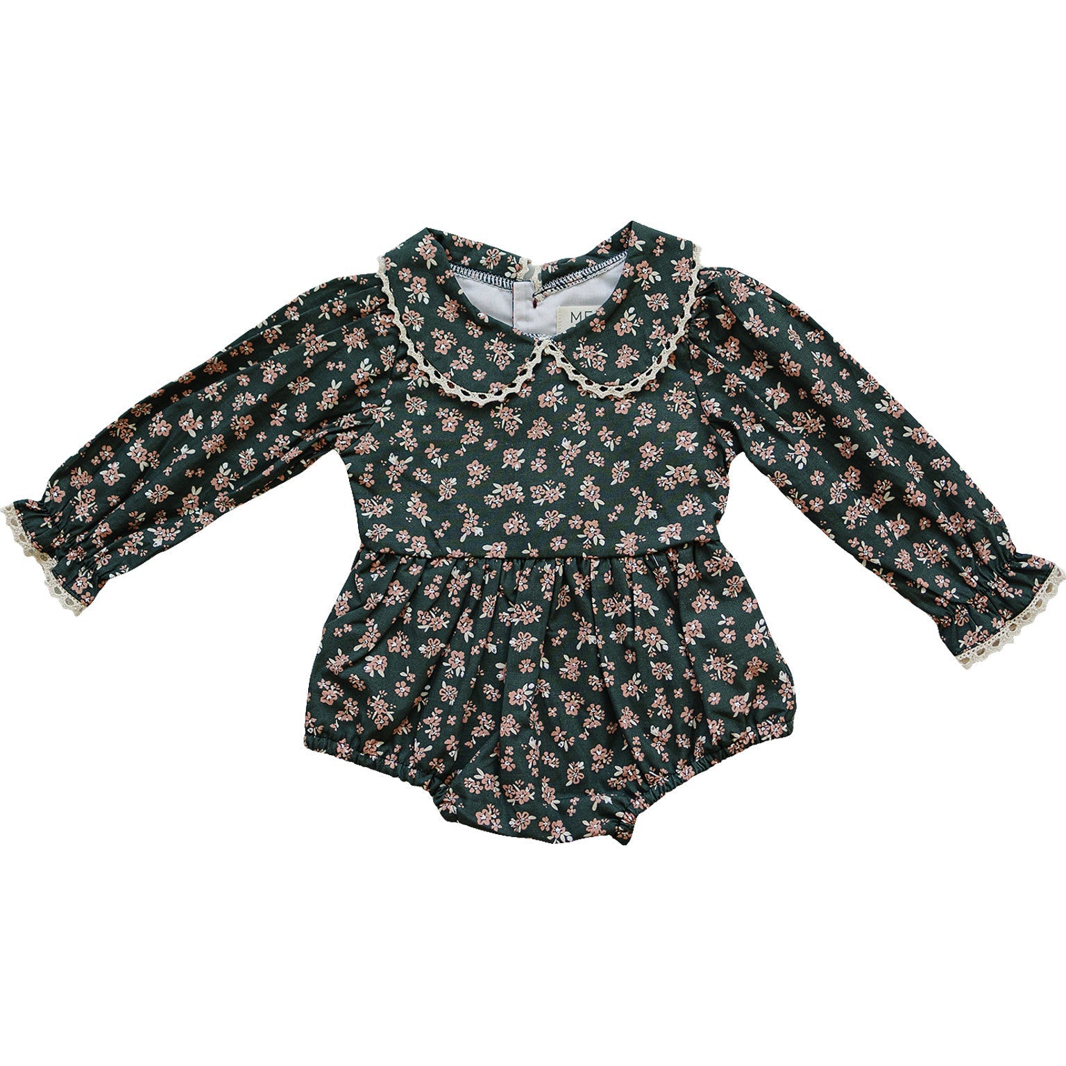 Floral-patterned baby romper with long sleeves on a white background