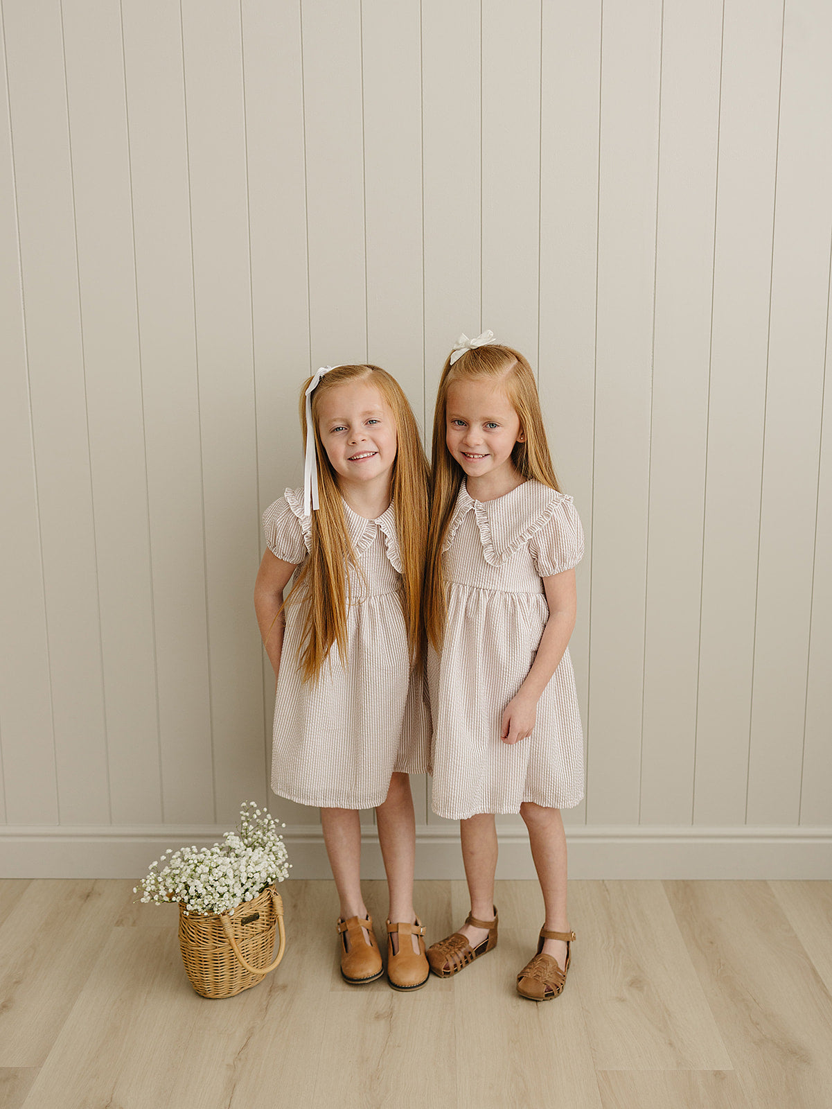 Three Little Tots Taupe Stripe Peter Pan Collar Dress, alternate angle