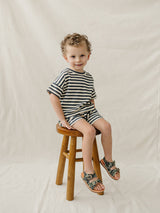 Navy Stripe Button Short Set