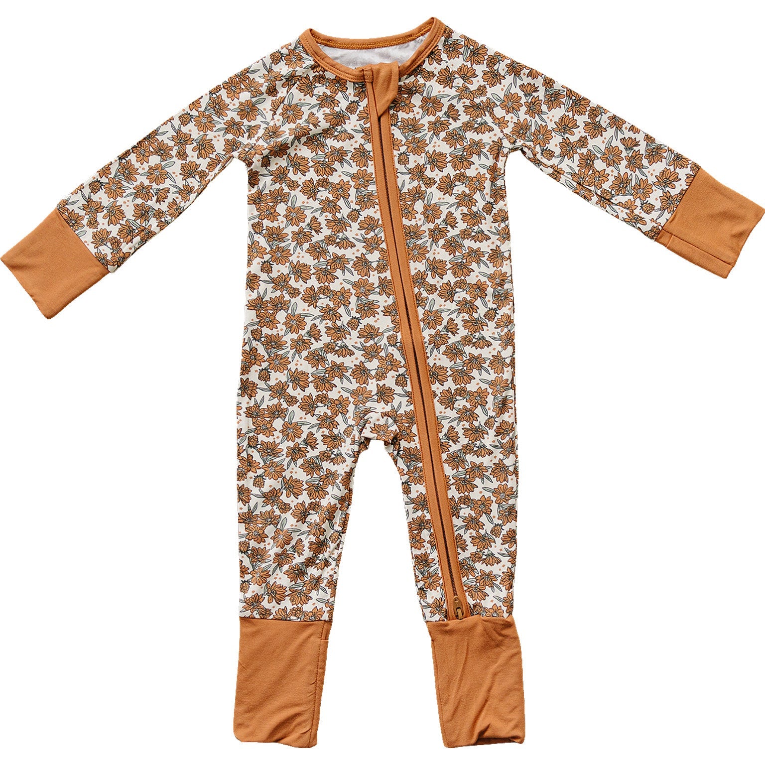 Floral-patterned onesie with brown accents on a white background