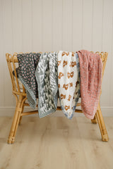 Three Little Tots Olive Bloom Green Stripes Muslin Quilt, alternate angle