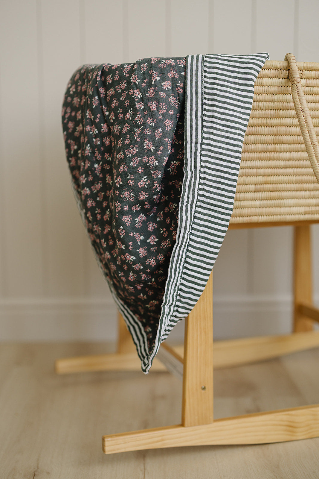 Three Little Tots Olive Bloom Green Stripes Muslin Quilt, additional product photo