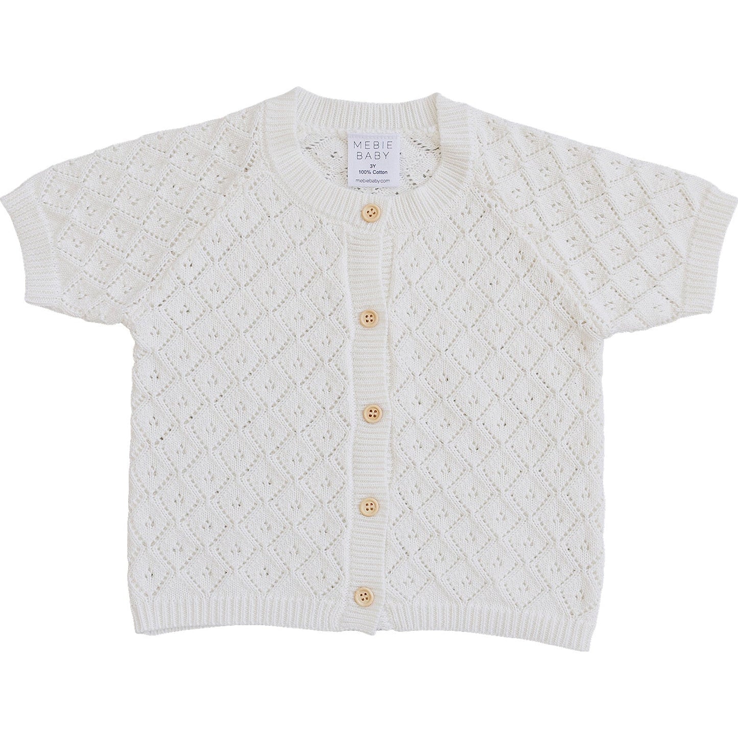 White baby cardigan with button details on a white background