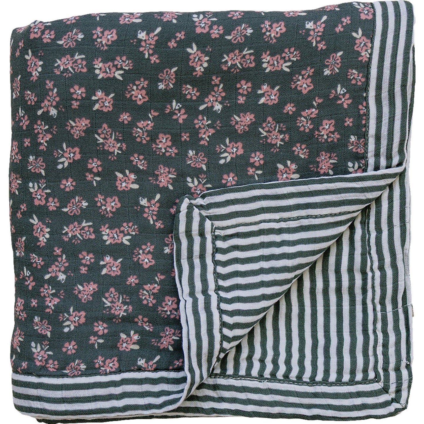 Three Little Tots Olive Bloom Green Stripes Muslin Quilt