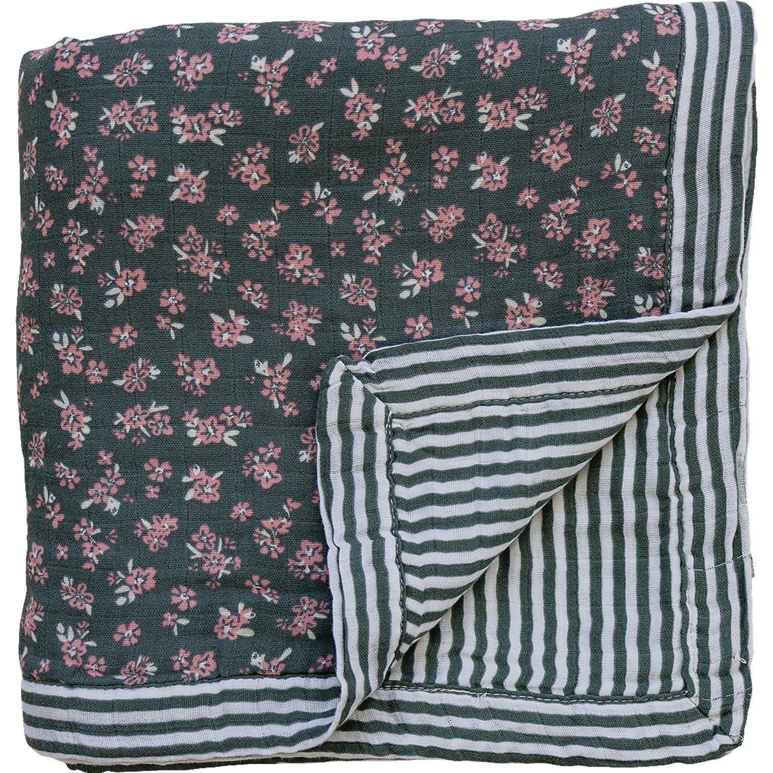 Three Little Tots Olive Bloom Green Stripes Muslin Quilt