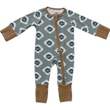 Baby onesie with geometric pattern and brown accents on a white background