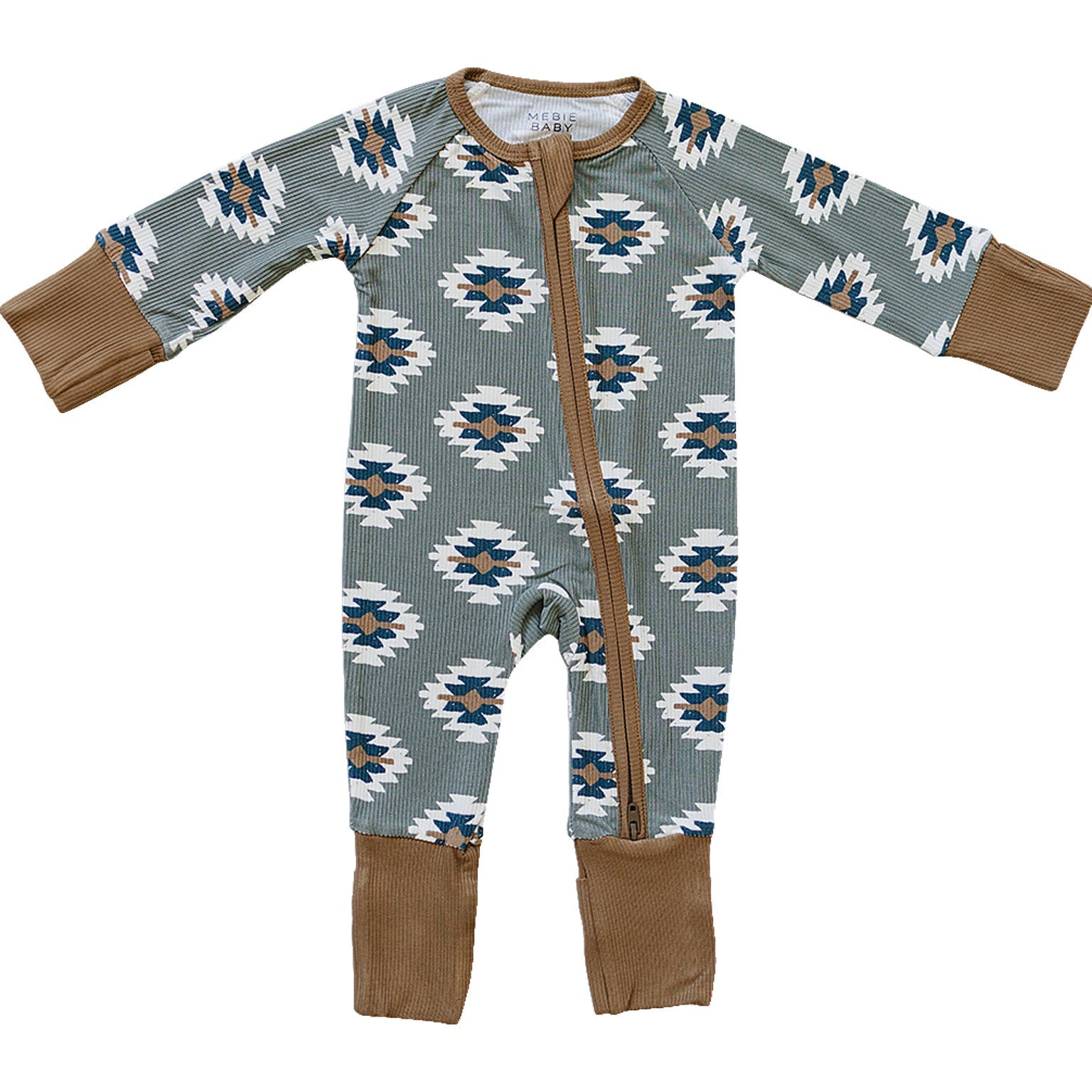 Baby onesie with geometric pattern and brown accents on a white background