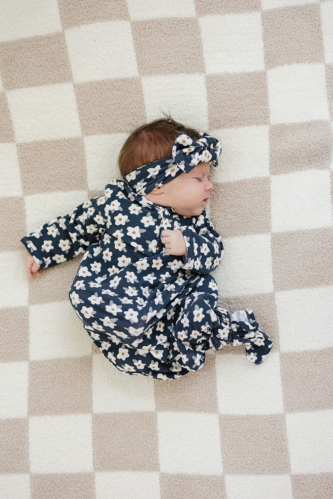 Three Little Tots Navy Daisy Ribbed Bamboo Knot Gown, alternate angle