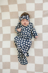 Three Little Tots Navy Daisy Ribbed Bamboo Knot Gown, additional view