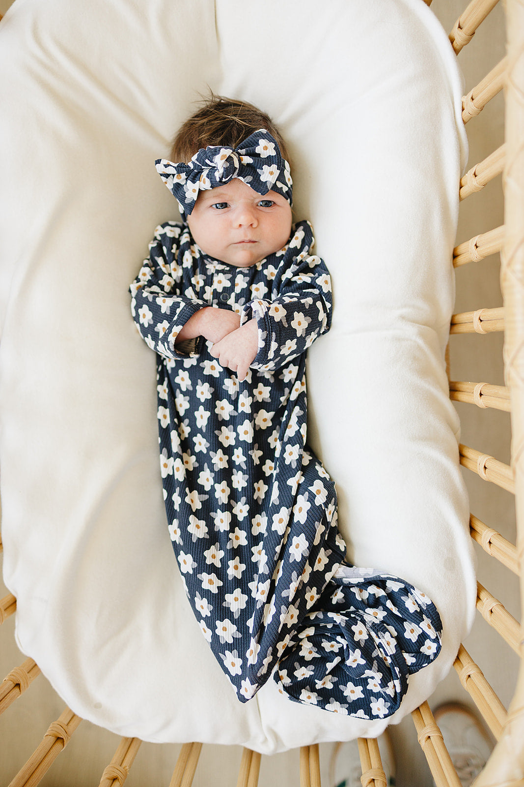 Three Little Tots Navy Daisy Ribbed Bamboo Knot Gown, additional product photo