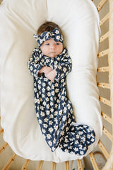 Three Little Tots Navy Daisy Ribbed Bamboo Knot Gown, additional product photo