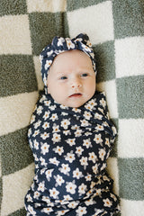 Three Little Tots Navy Daisy Ribbed Bamboo Head Wrap, alternate angle