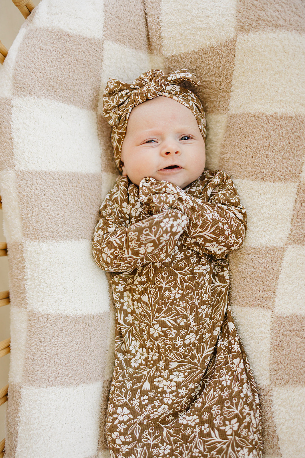 Brown Floral Ribbed Bamboo Knot Gown