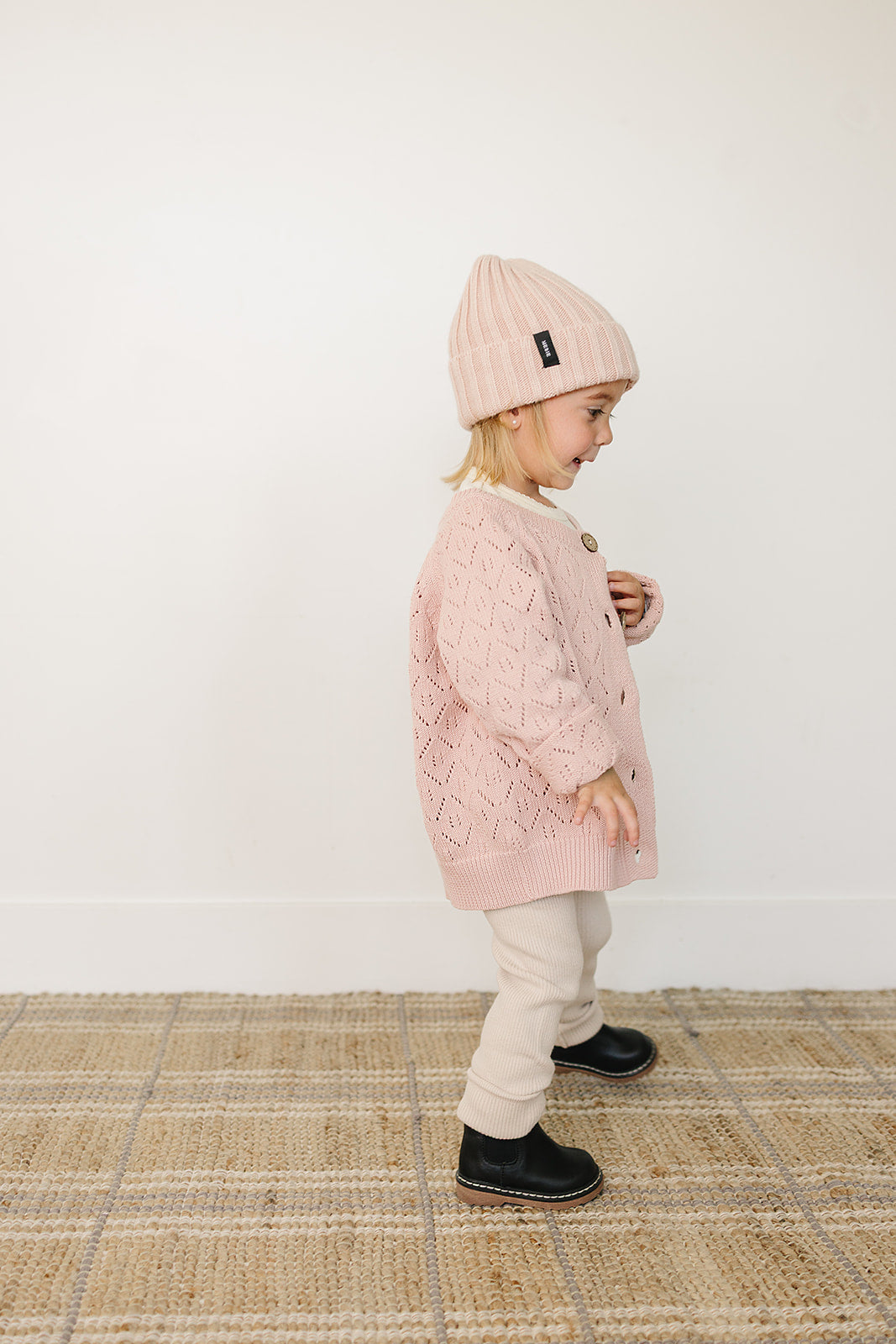Three Little Tots Light Pink Chunky Knit Beanie, alternate angle