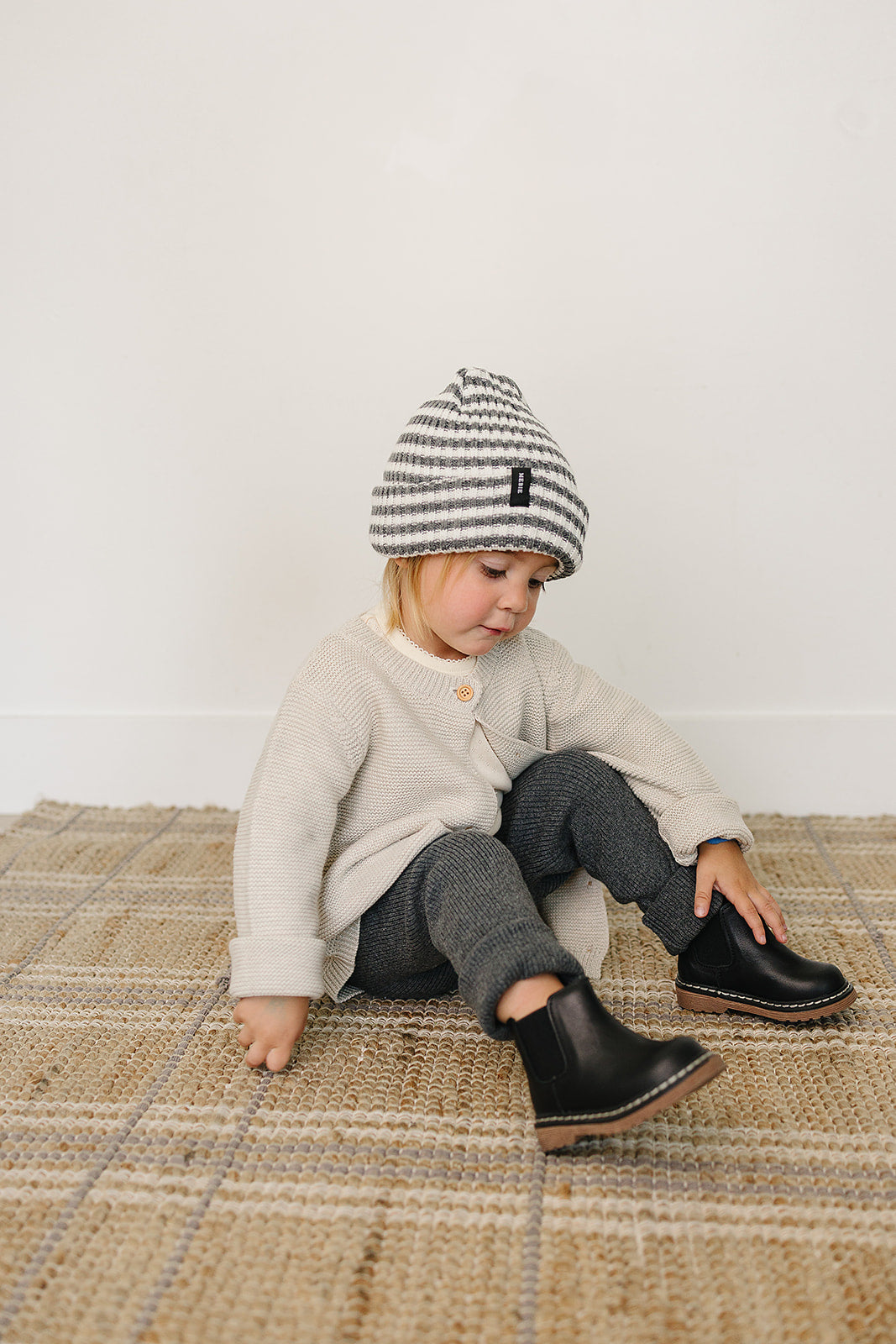 Three Little Tots Grey and White Stripe Chunky Knit Beanie, alternate angle