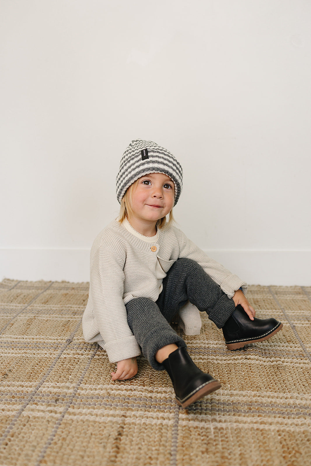 Three Little Tots Grey and White Stripe Chunky Knit Beanie, additional product photo