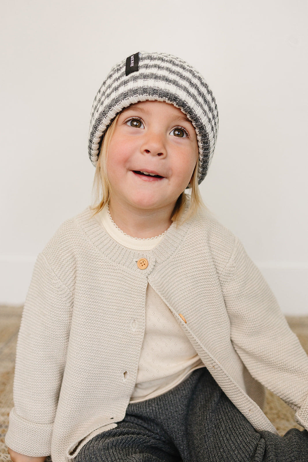 Three Little Tots Grey and White Stripe Chunky Knit Beanie, extra product detail