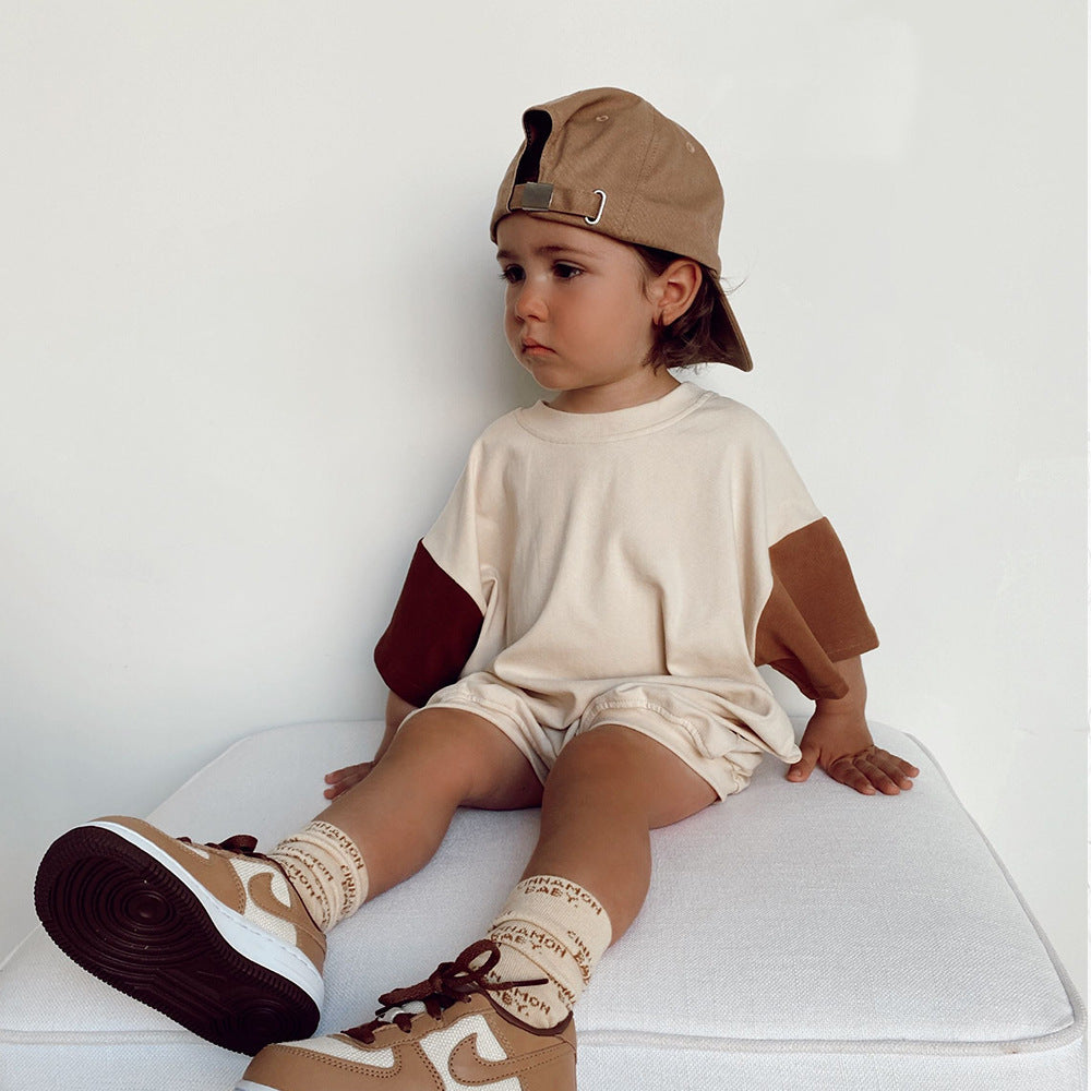 Three Little Tots Baby Boy Solid Color Stitching Triangle Short-sleeved Jumpsuit