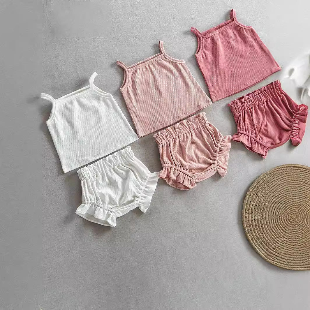 Summer Ribbed Tank Top and Ruffle Short Set