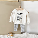 Loose Children's Clothing Letter Print Round Neck Long Sleeve Striped Trousers Suit
