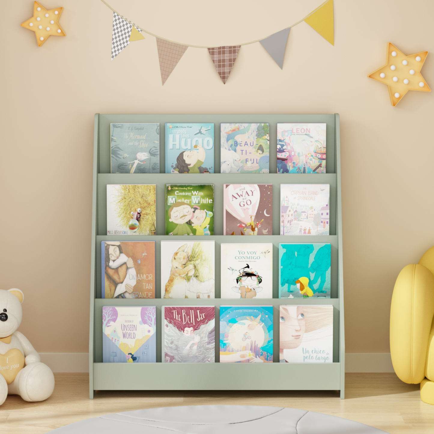 MOONRIVER 4-Tier Kids Bookshelf, Toddler Book Display Shelves, Sage (Open Box)