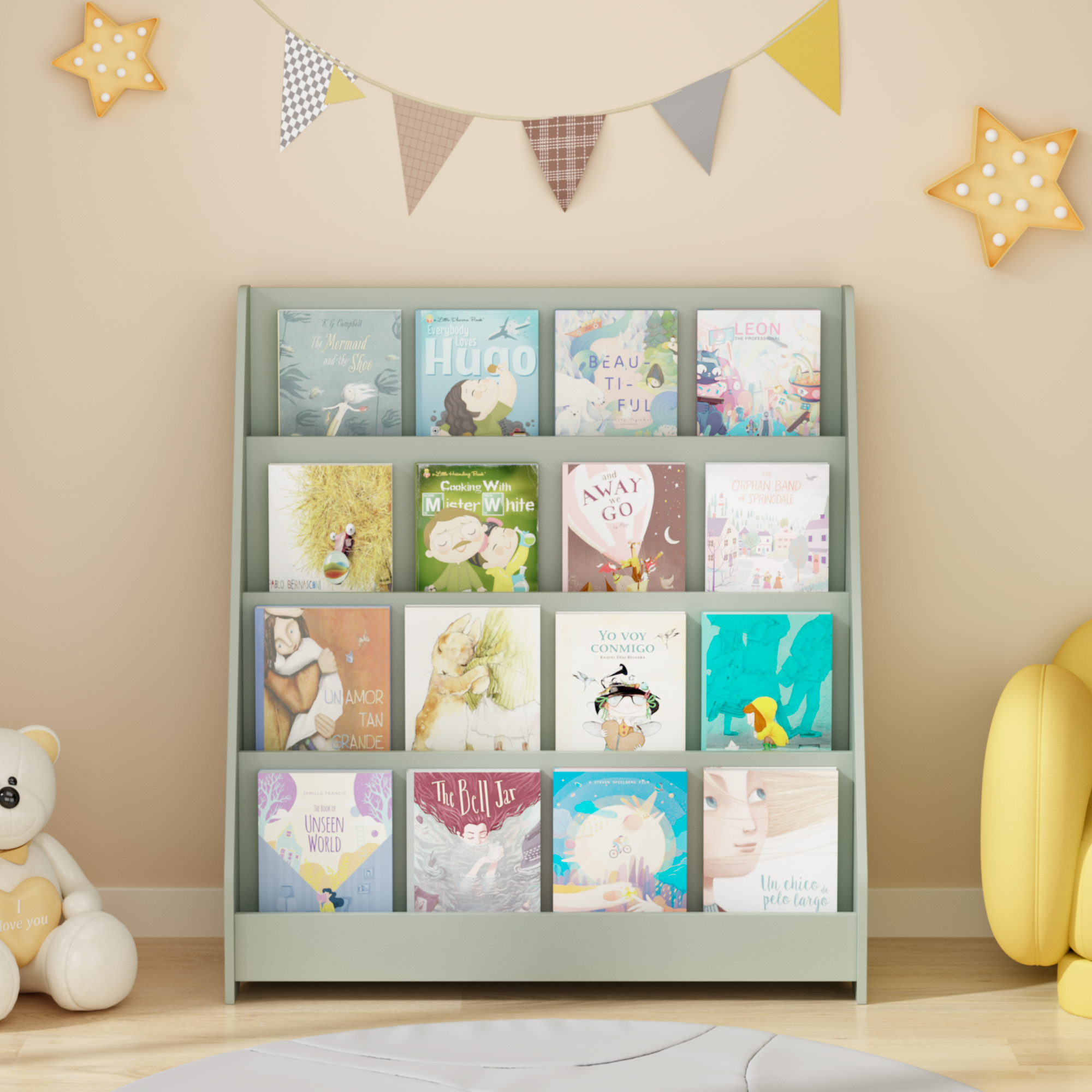 MOONRIVER 4-Tier Kids Bookshelf, Toddler Book Display Shelves, Sage (Open Box)