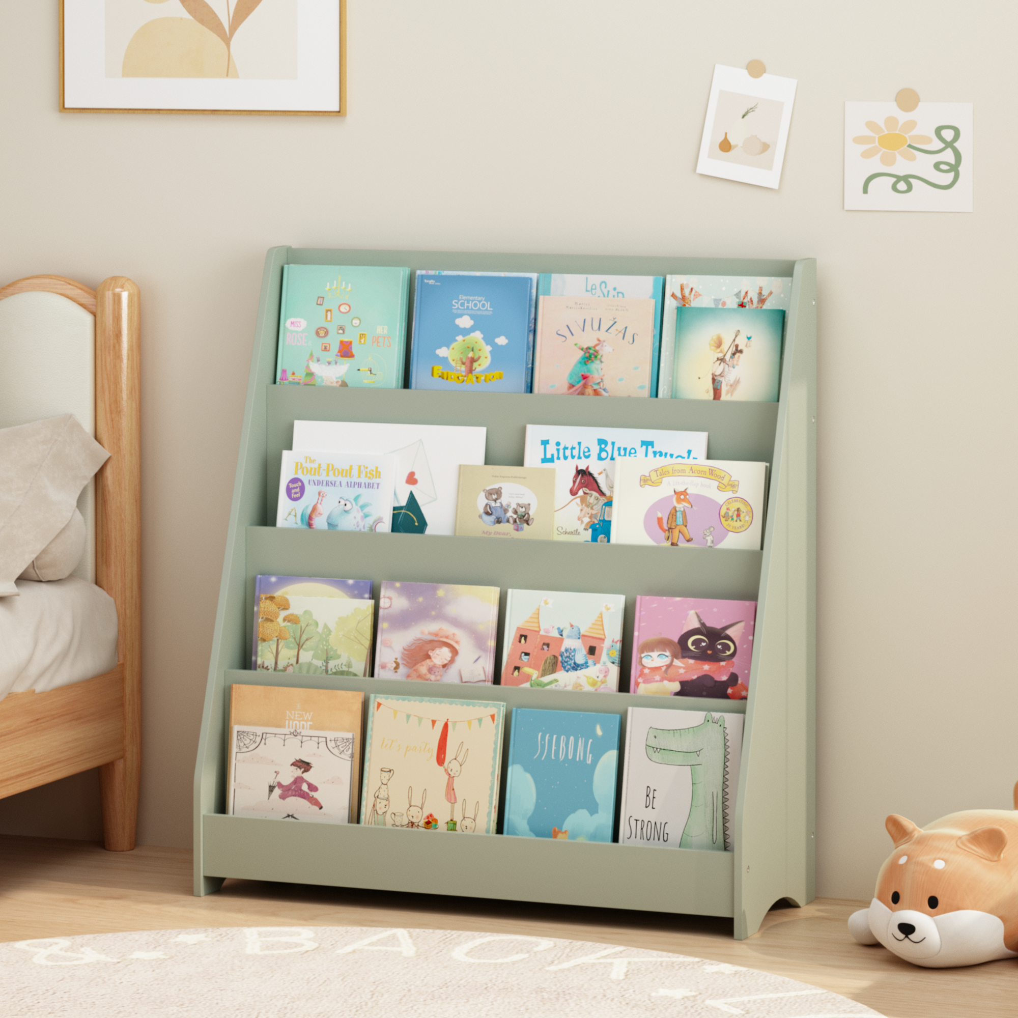 MOONRIVER 4-Tier Kids Bookshelf, Toddler Book Display Shelves, Sage (Open Box)