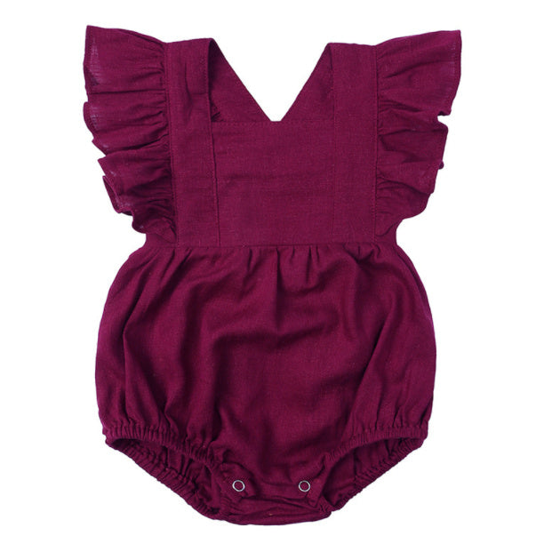 Three Little Tots Baby Cotton And Linen Summer Strap One Piece Suit, in Mulberry