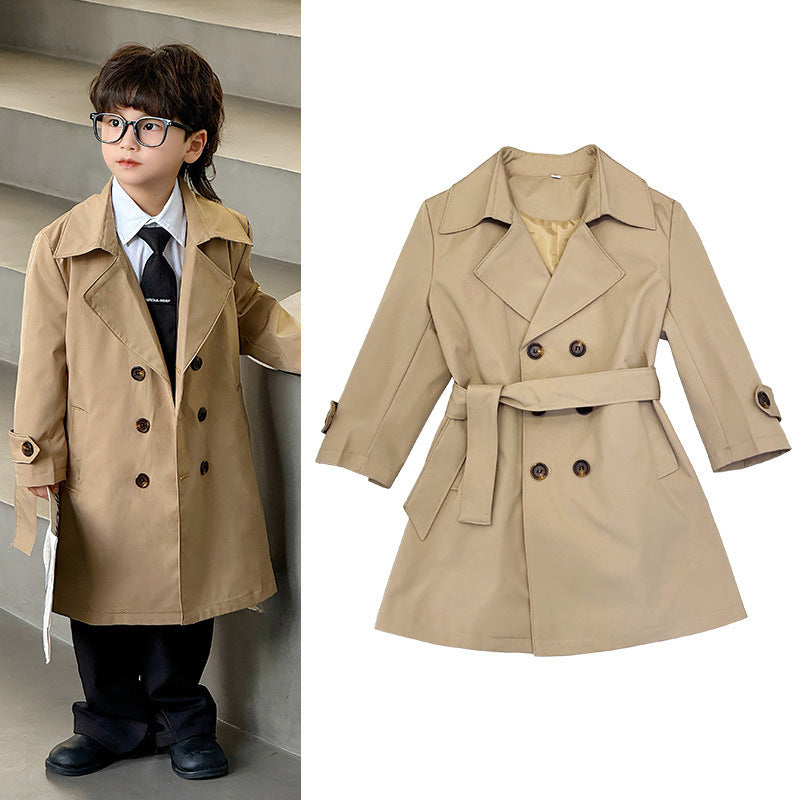 Three Little Tots Children's Long British Coat Trendy Cool, in Khaki Trench Coat