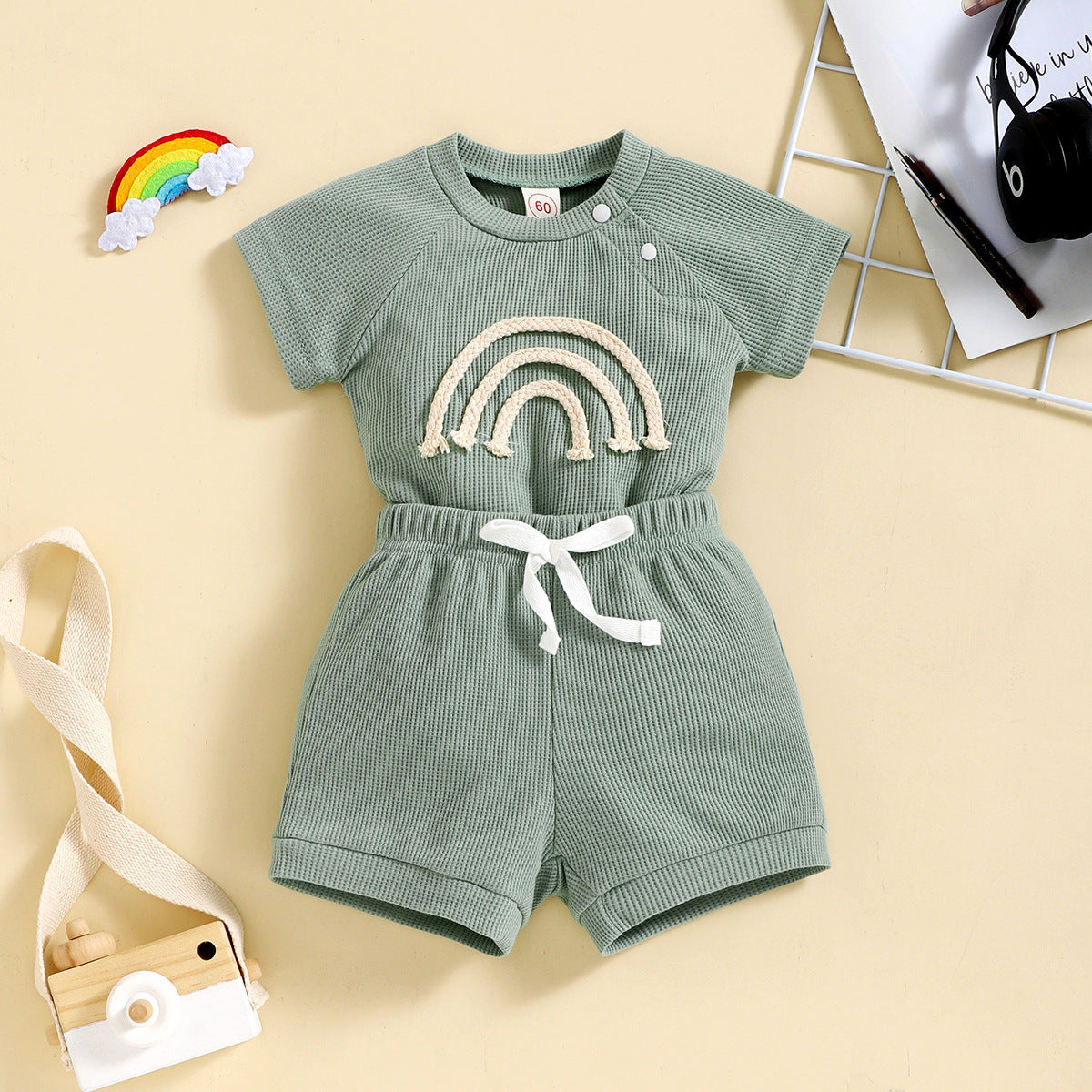 Rainbow Waffle Four-color Side Button Short Sleeve Baby Bodysuit Shorts Set