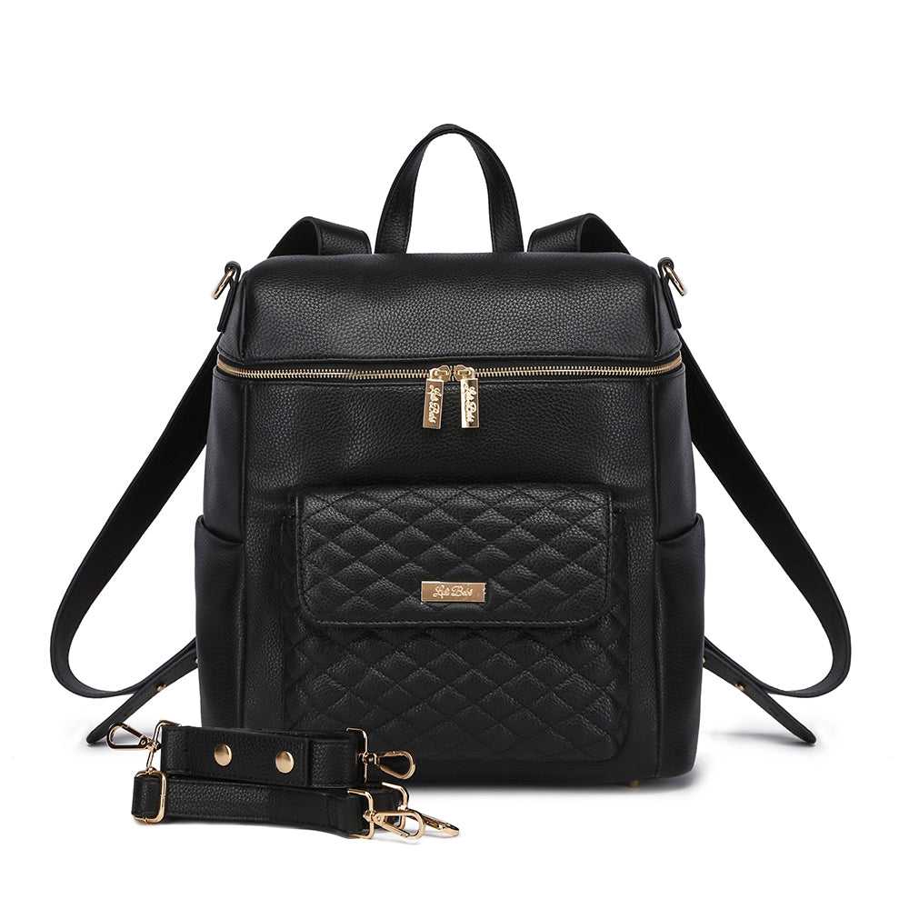 Three Little Tots Signature Diaper Bag Ebony Black, attached to a car seat or stroller
