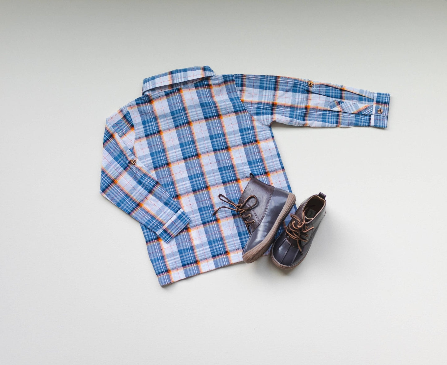 Blue Mix Plaid Boys Long Sleeve Button Up Shirt