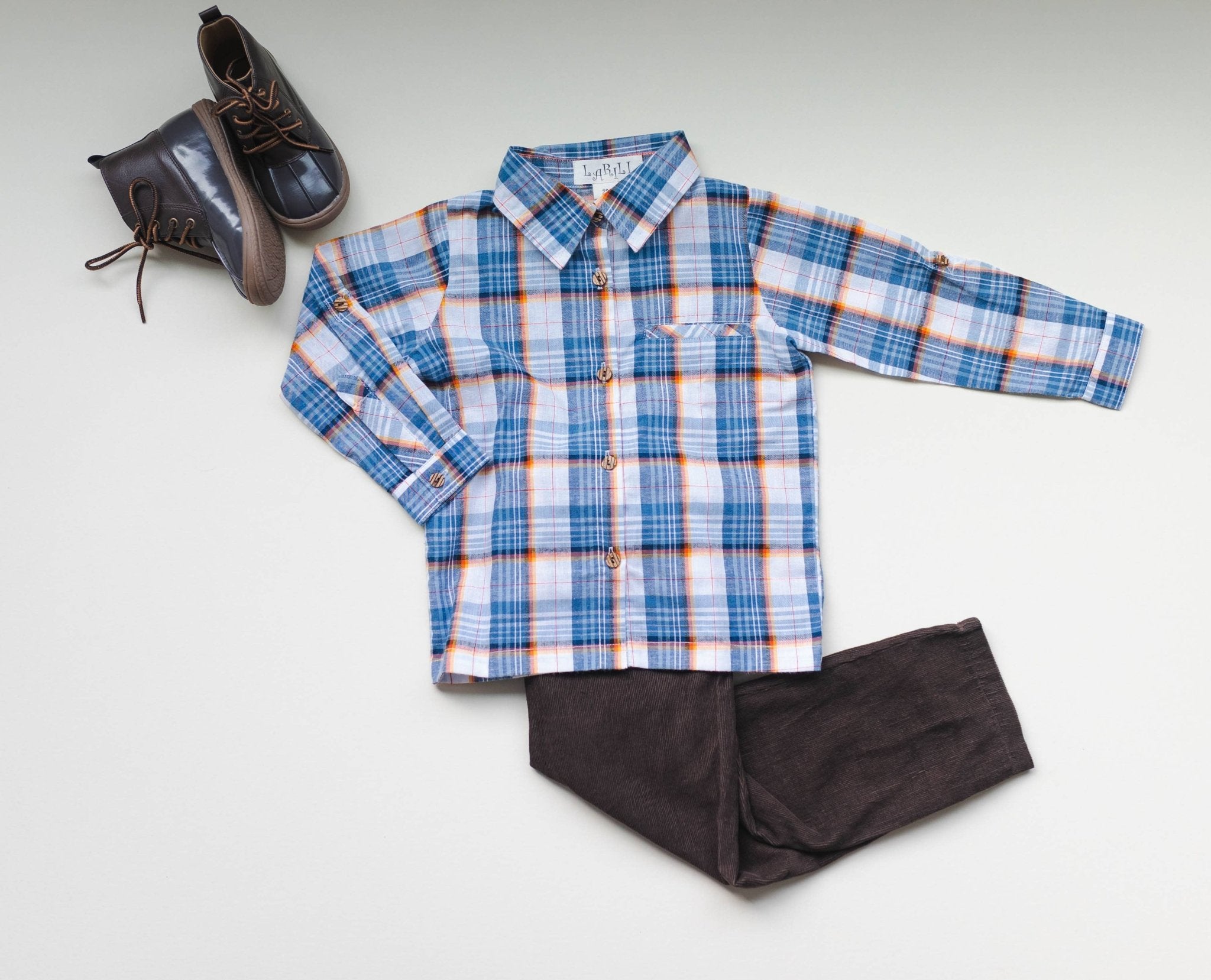 Blue Mix Plaid Boys Long Sleeve Button Up Shirt