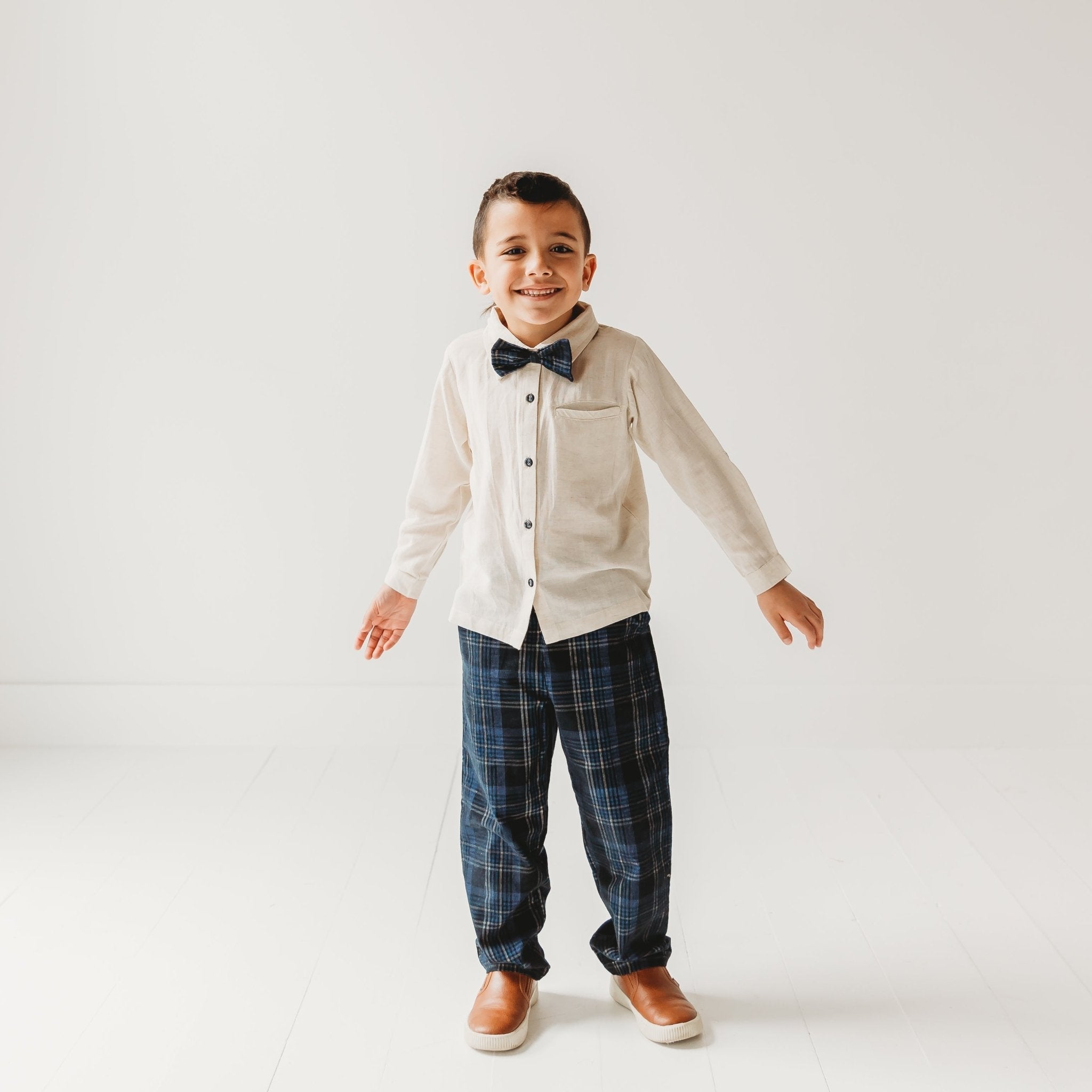Three Little Tots Boys Blue Plaid Cord Set with Linen Shirt with Bow, additional view