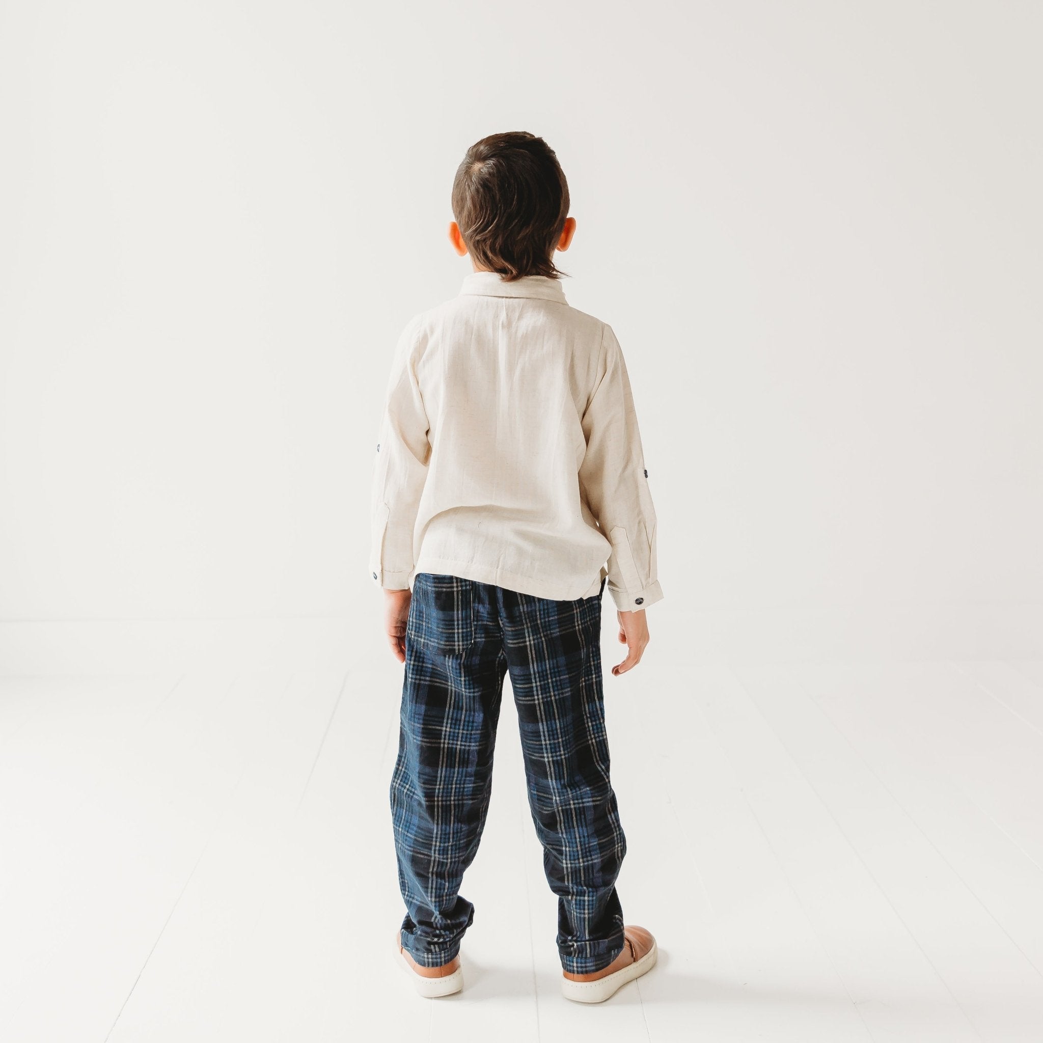 Three Little Tots Boys Blue Plaid Cord Set with Linen Shirt with Bow, additional product photo