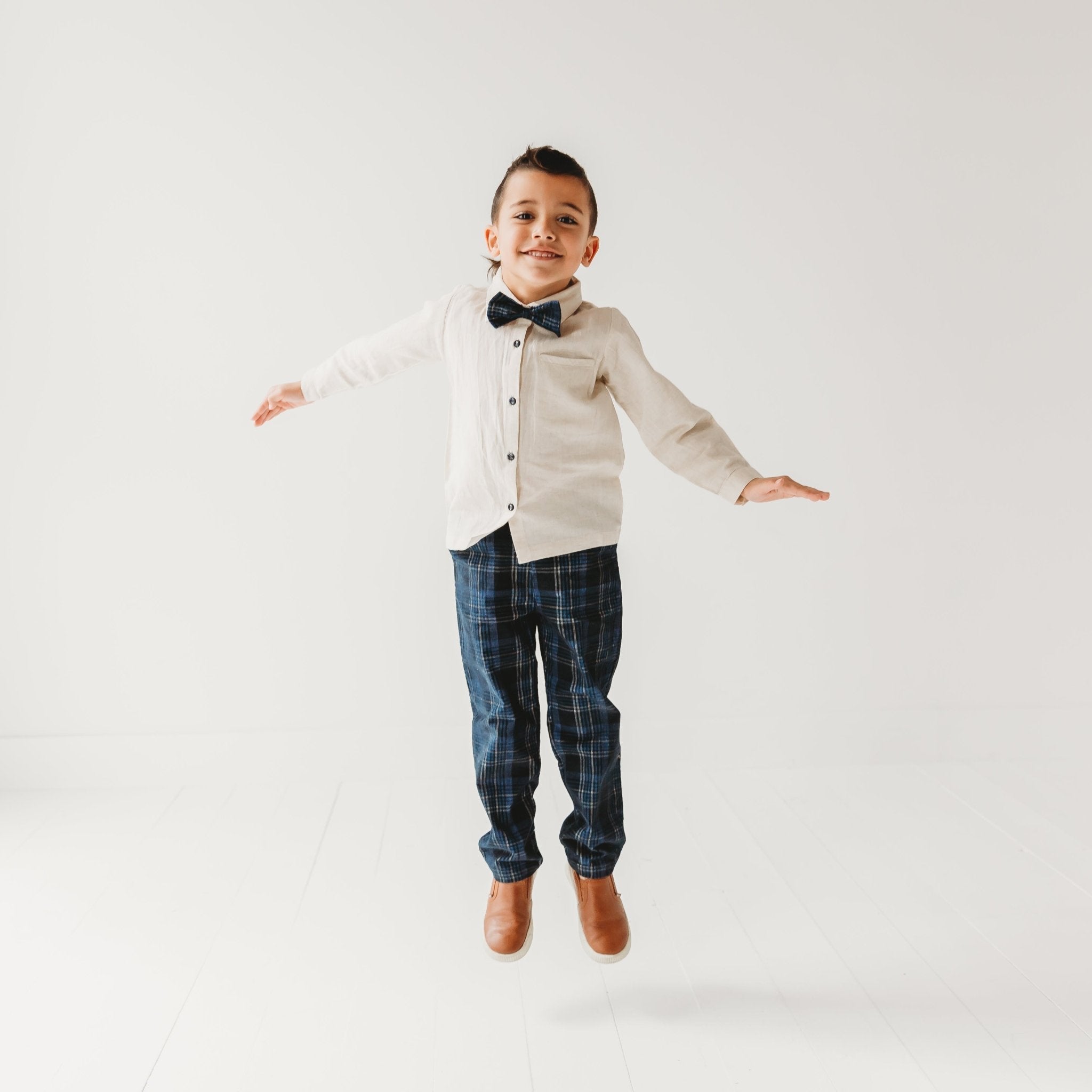 Three Little Tots Boys Blue Plaid Cord Set with Linen Shirt with Bow, alternate angle